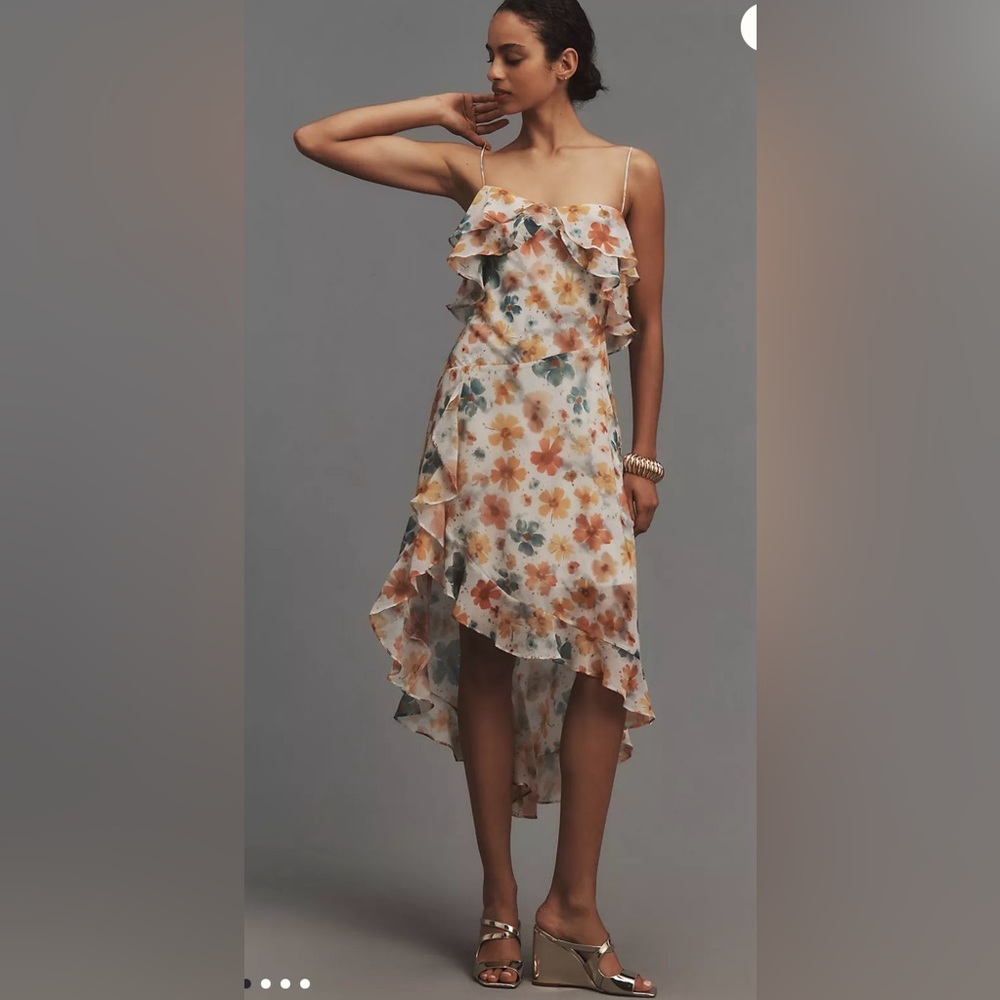 Anthropologie Cream Floral High-Low Ruffle Dress